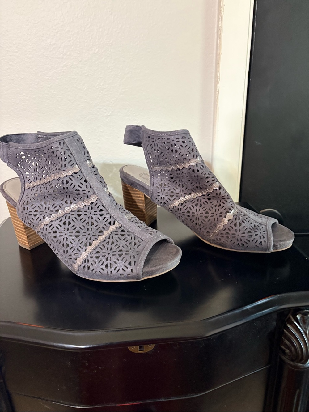 Yellow Box Gray Laser-Cut Peep Toe Block Heel Sandals